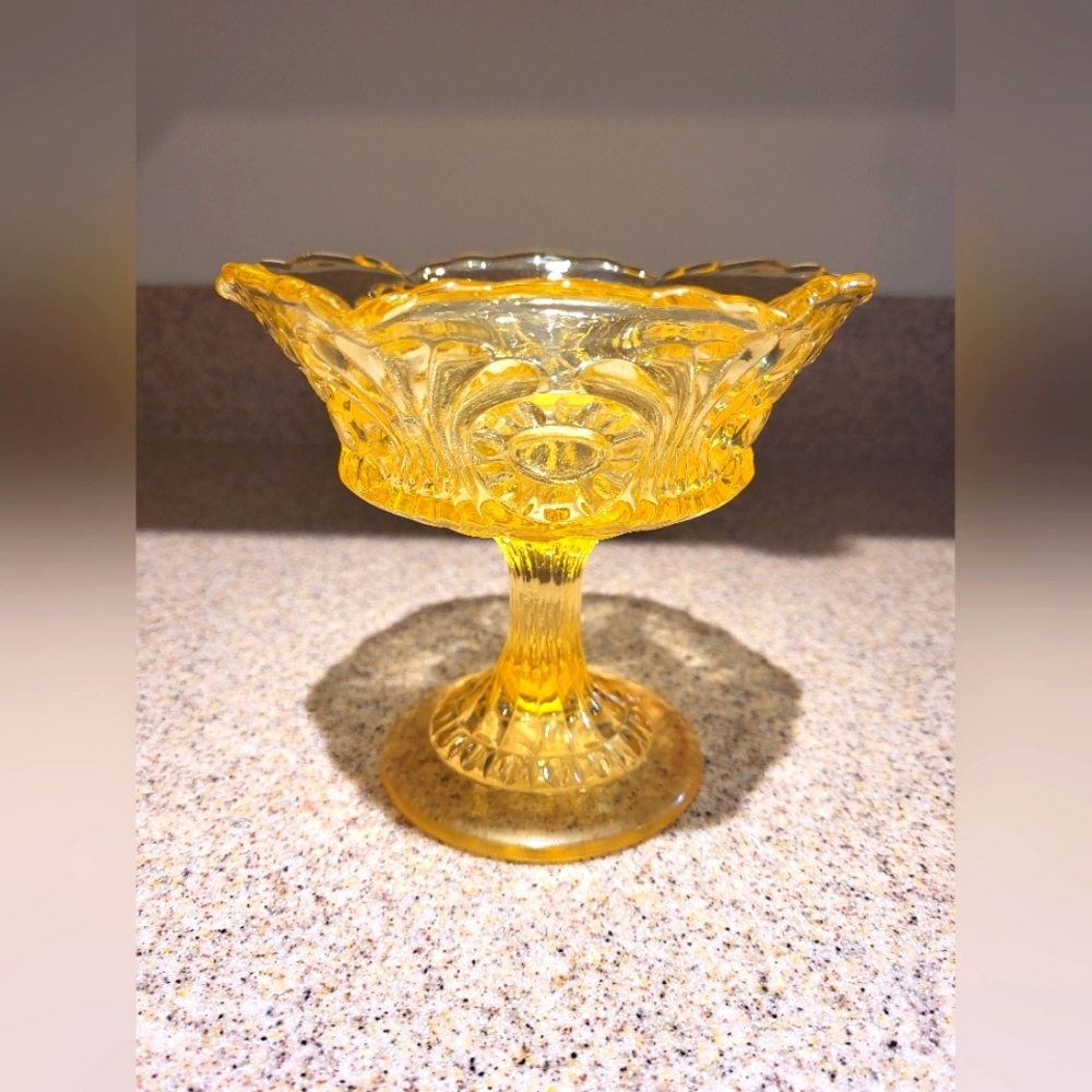 Fenton Topaz Golden Yellow Tokyo Glass Round Pedestal Compote Dish Vintage 1985
